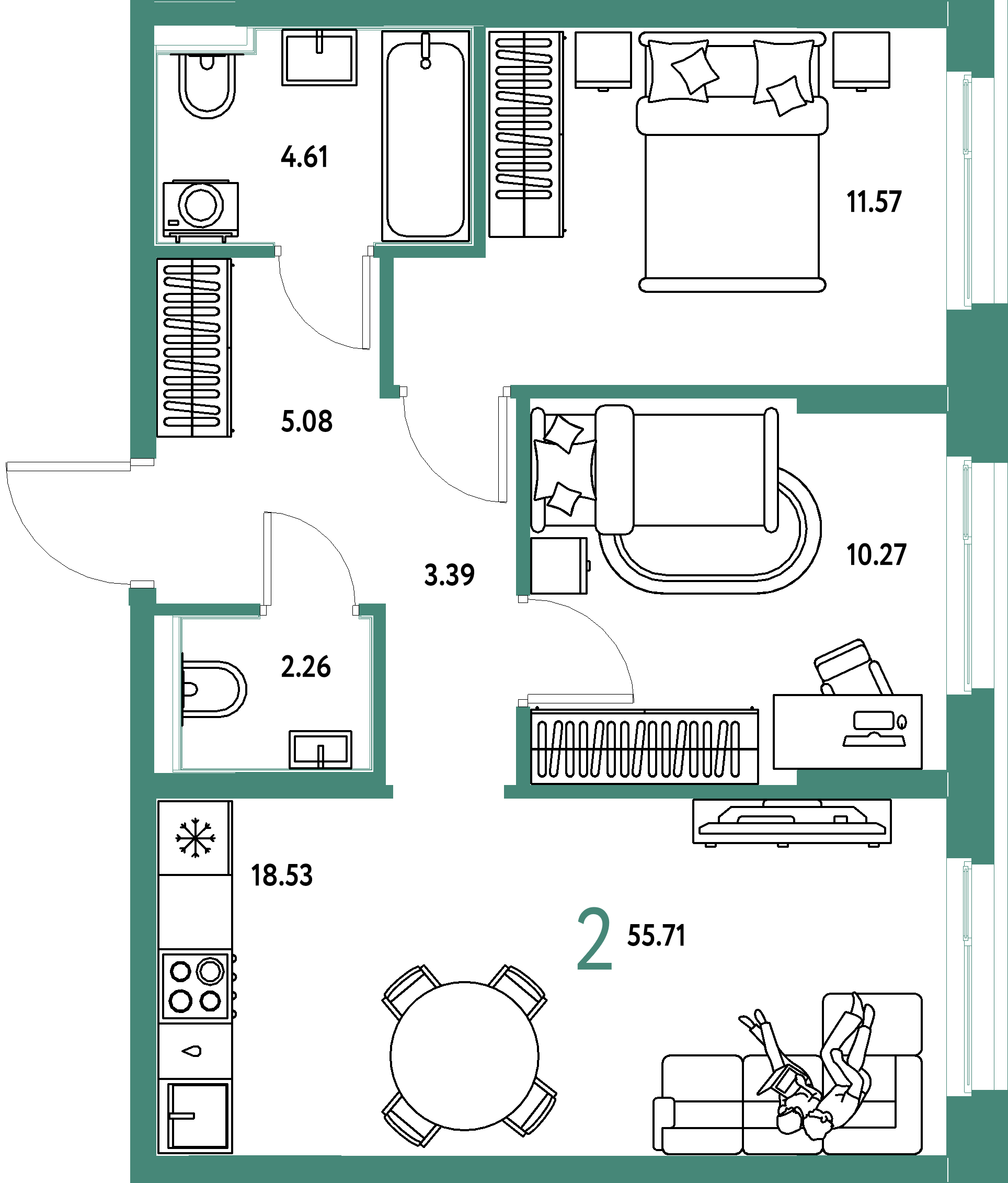 Планировка: 2-комнатная 55,71 м² в ЖК «Домашний»