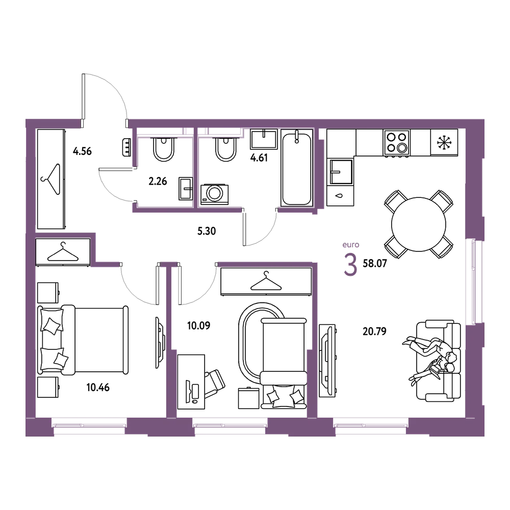 Планировка: Евротрёшка 58,07 м²