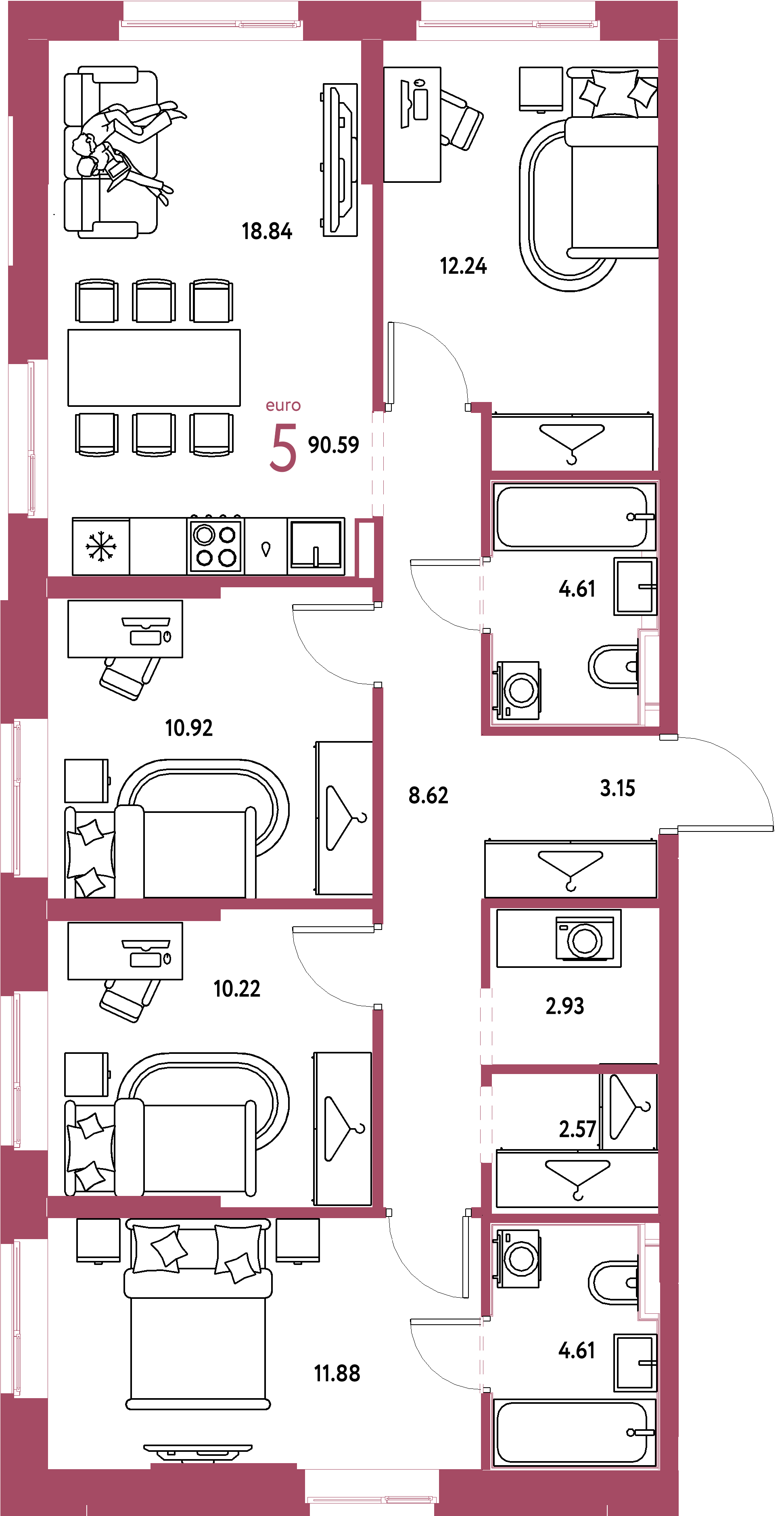 Планировка: Евро-5 90,59 м² в ЖК «Европейский берег 2.0»