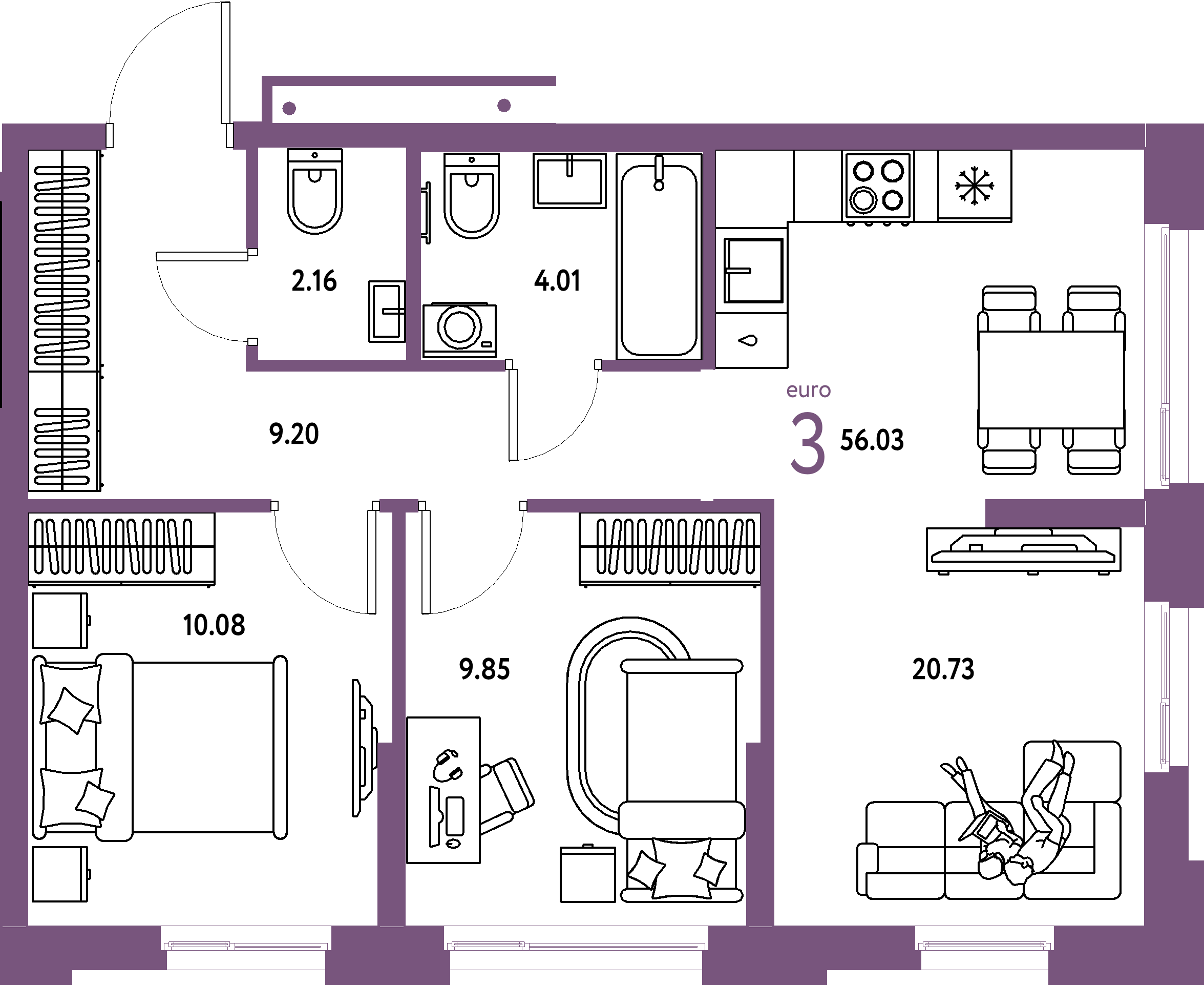 Планировка: Евротрёшка 56,03 м² в ЖК «Домашний»