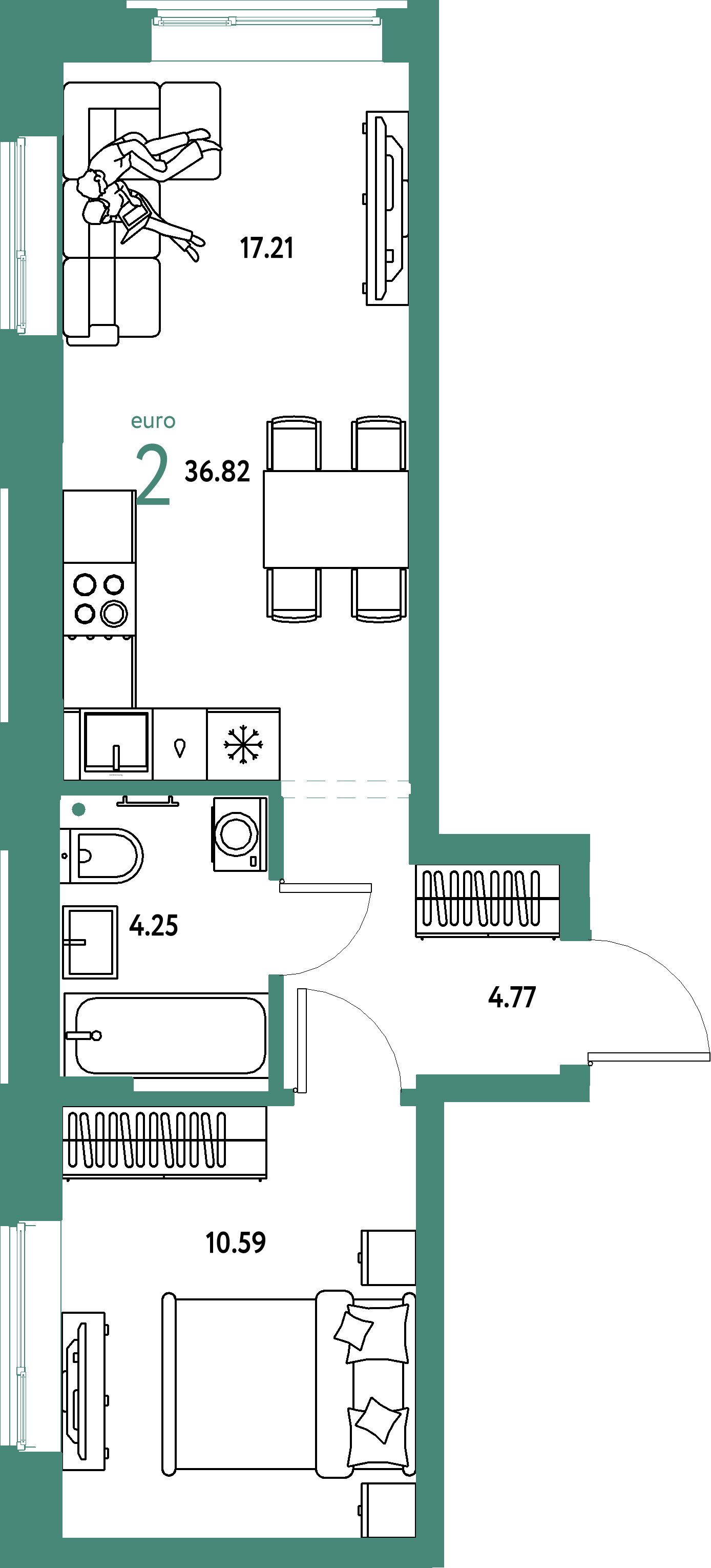 Планировка: Евродвушка 36,82 м² в ЖК «Домашний»