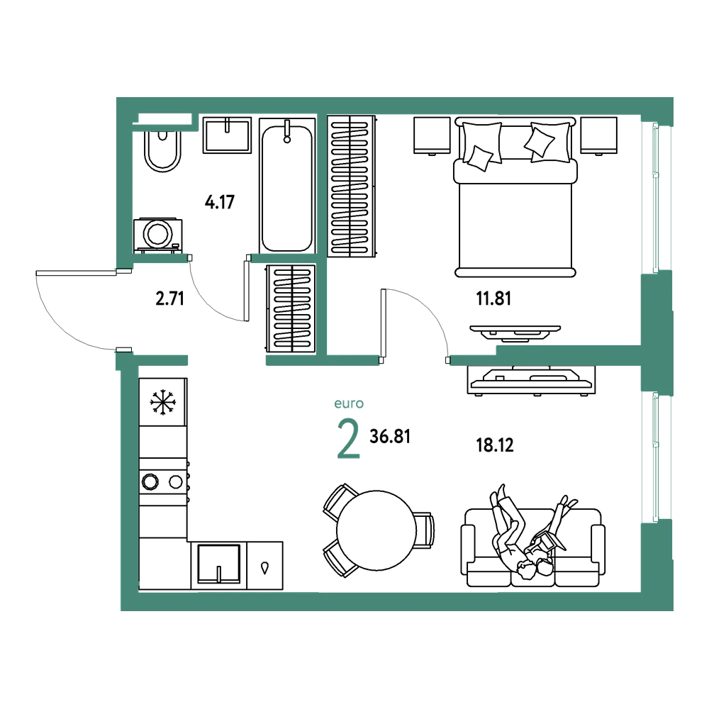 Планировка: Евродвушка 36,81 м²