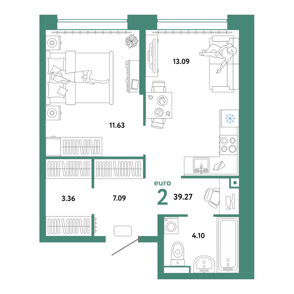 Планировка: Евродвушка 39,27 м²