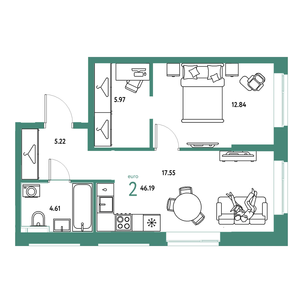 Планировка: Евродвушка 46,19 м²