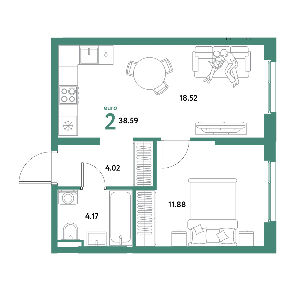 Планировка: Евродвушка 38,59 м²