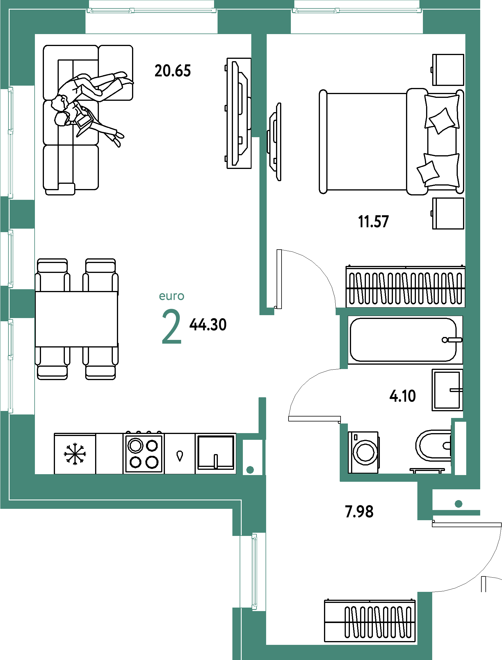 Планировка: Евродвушка 44,3 м² в ЖК «Домашний»
