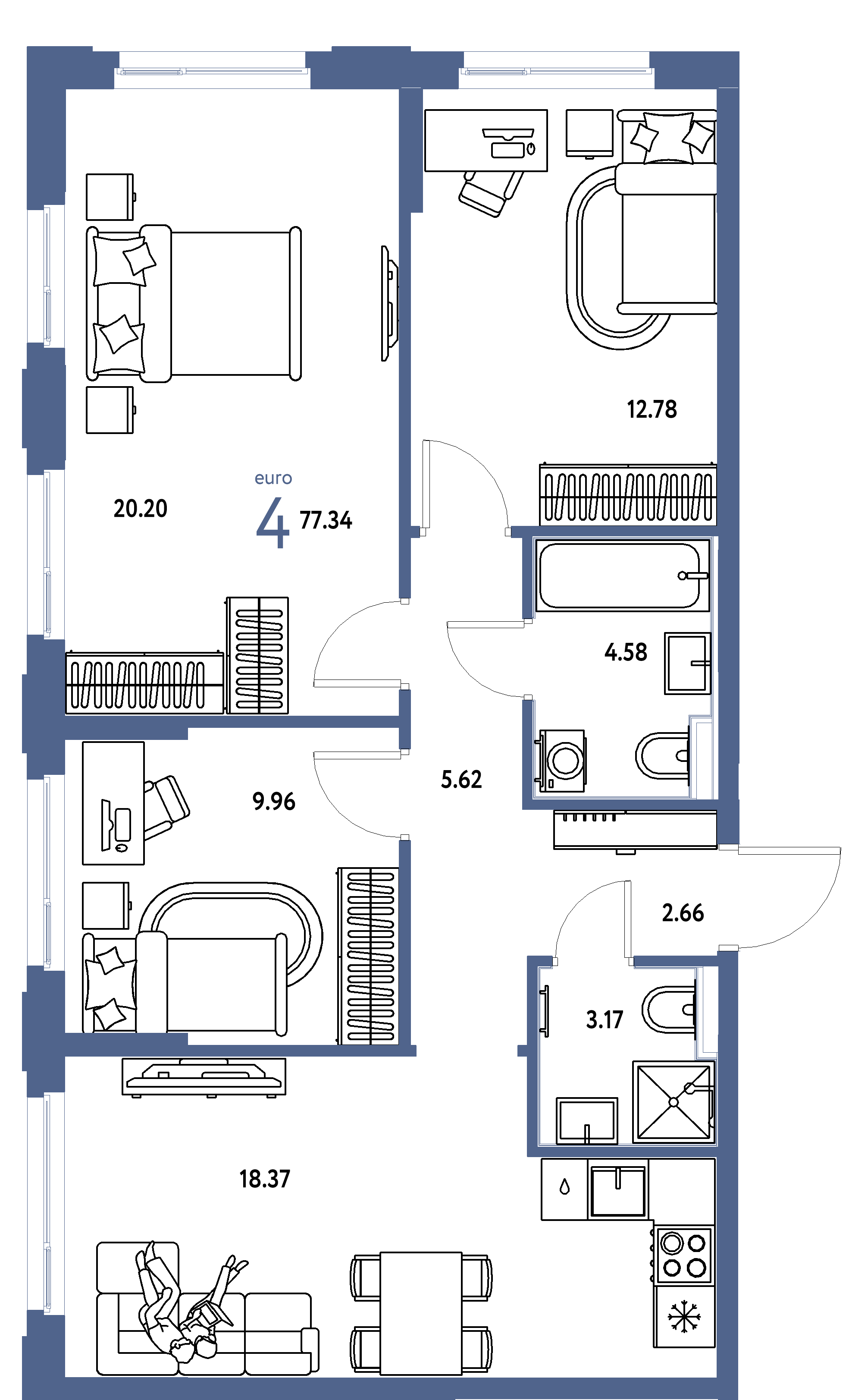 Планировка: Евро-4 77,34 м² в ЖК «Сердце Сибири»