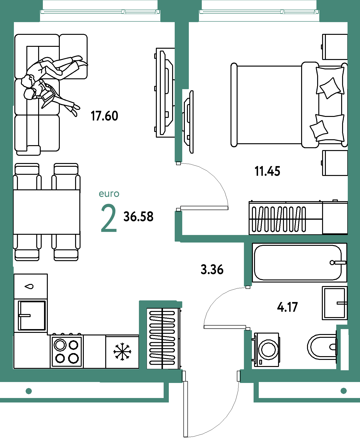 Планировка: Евродвушка 36,58 м² в ЖК «Страна.Прибрежная»