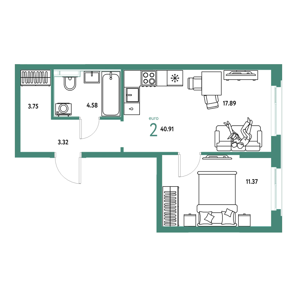 Планировка: Евродвушка 40,91 м²