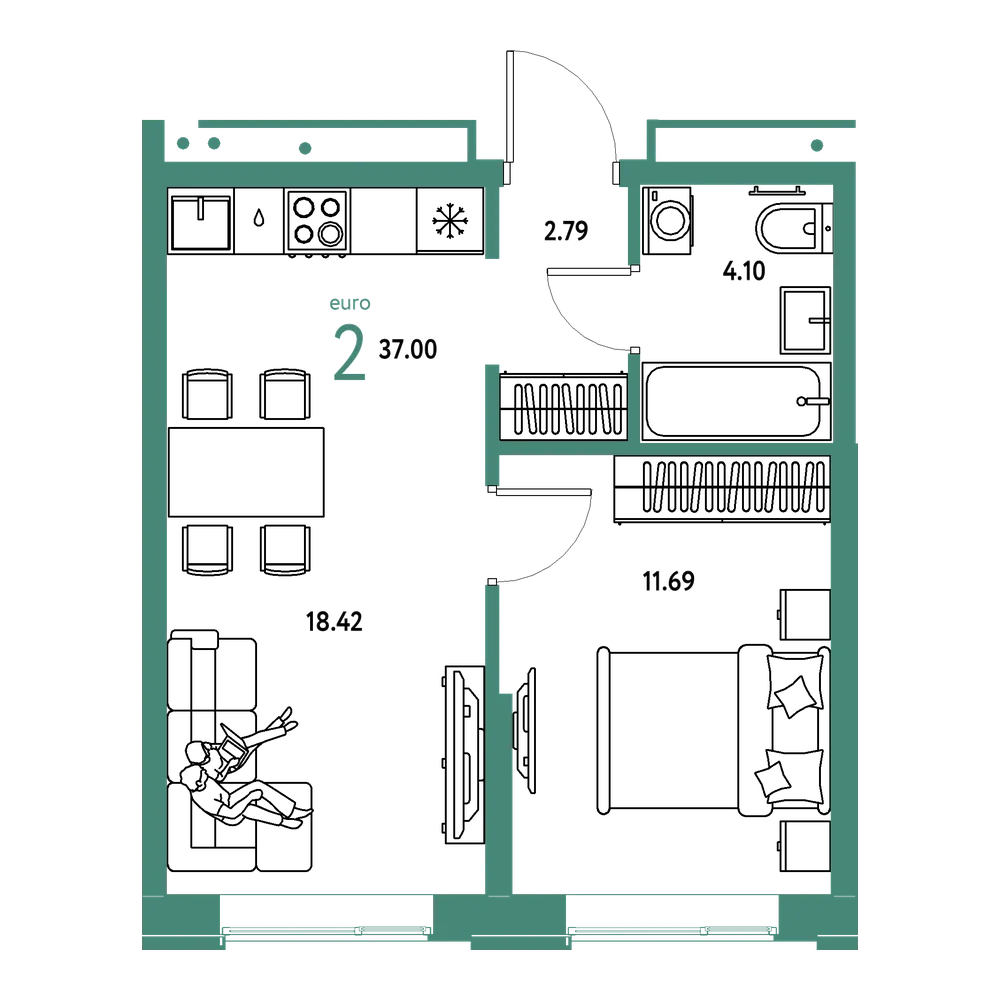 Планировка: Евродвушка 37 м²