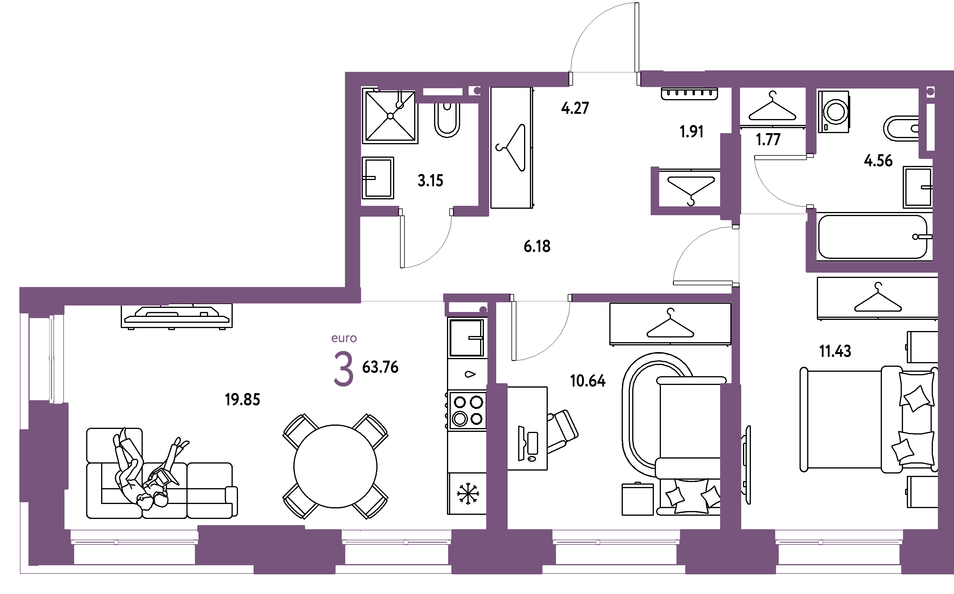 Планировка: Евротрёшка 63,76 м² в ЖК «Страна.Прибрежная»