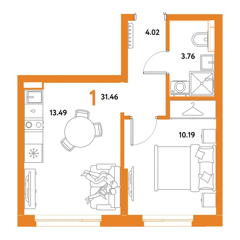 Планировка: 1-комнатная 31,46 м²