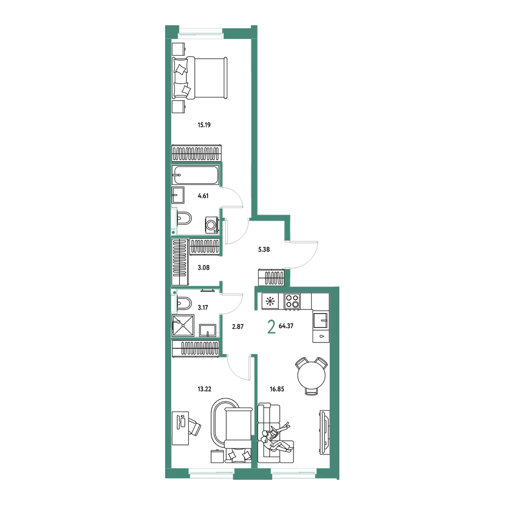 Планировка: 2-комнатная 64,37 м²