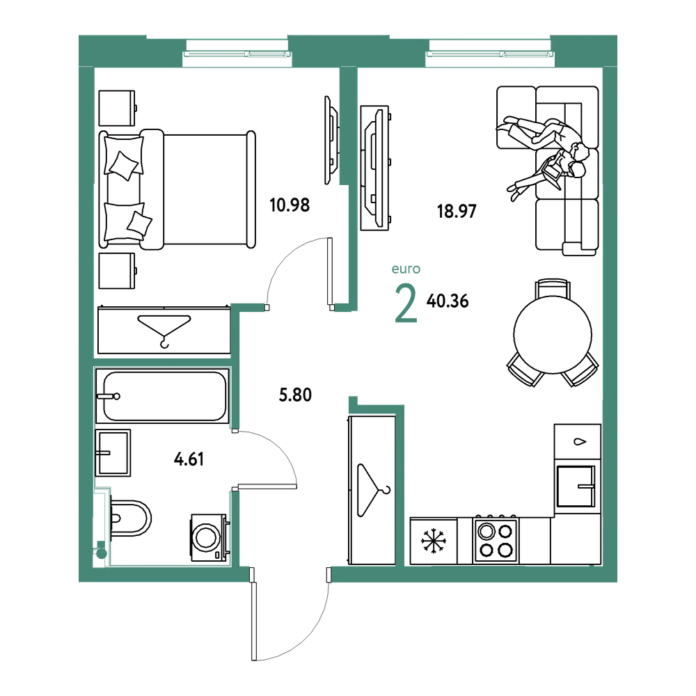 Планировка: Евродвушка 40,36 м²