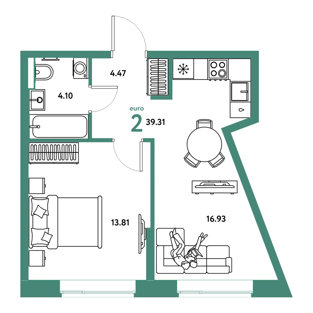 Планировка: Евродвушка 39,31 м²