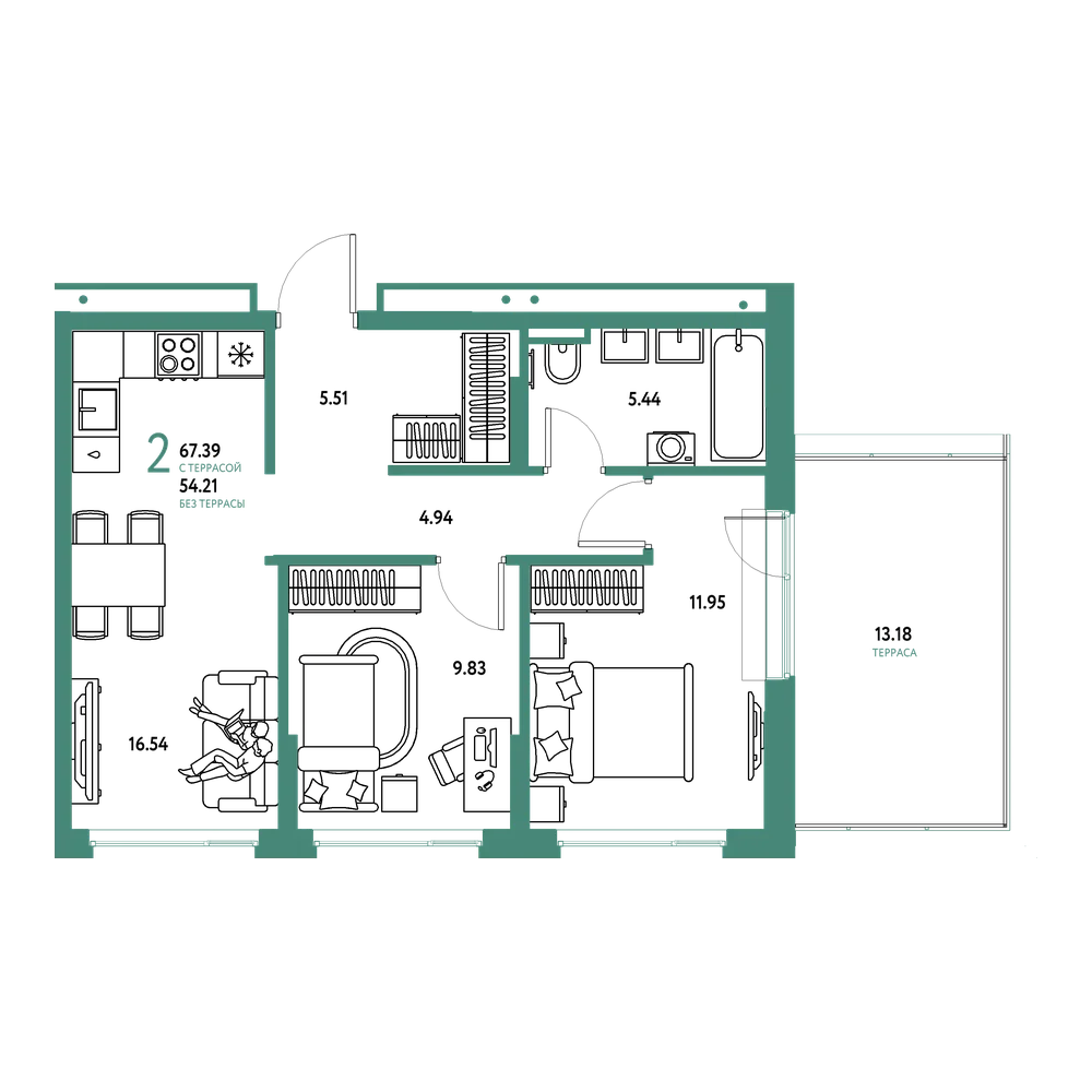 Планировка: 2-комнатная 67,39 м²