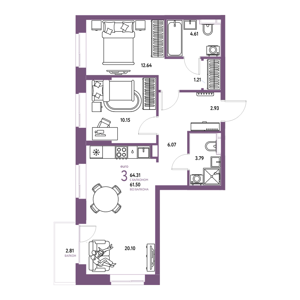 Планировка: Евротрёшка 64,31 м²