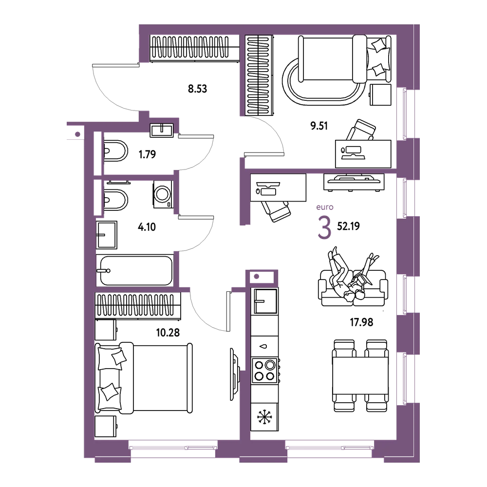 Планировка: Евротрёшка 52,19 м²