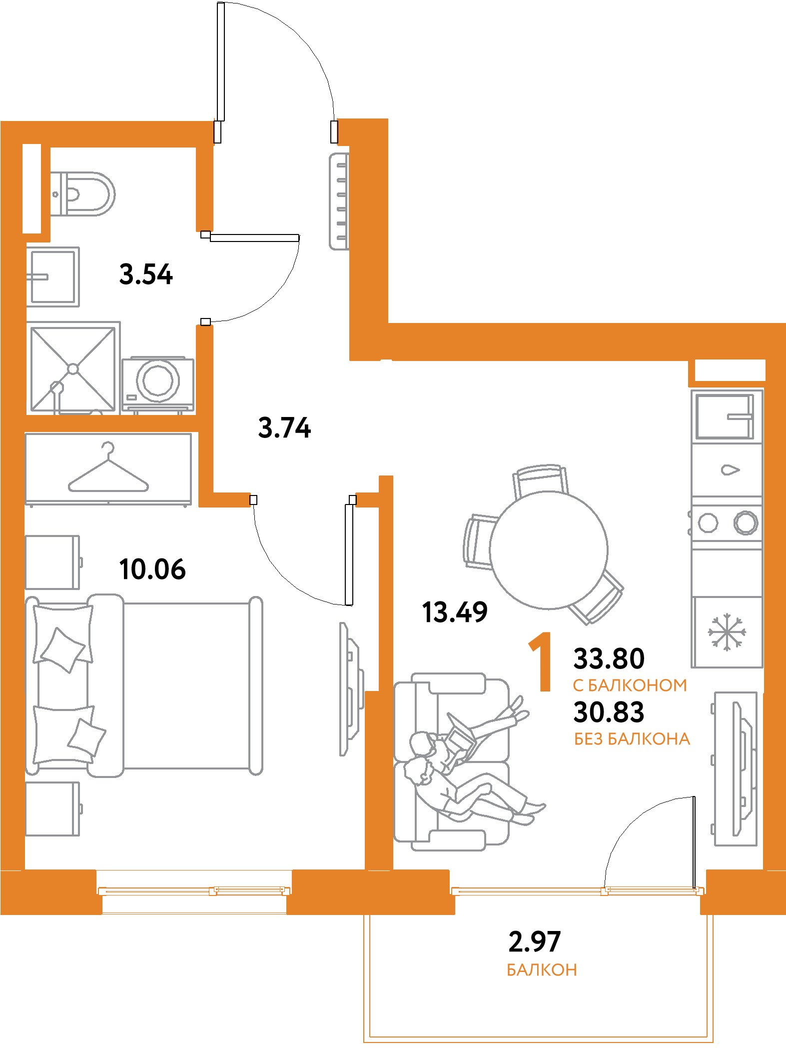 Планировка: 1-комнатная 33,8 м² в ЖК «Остров-сад»