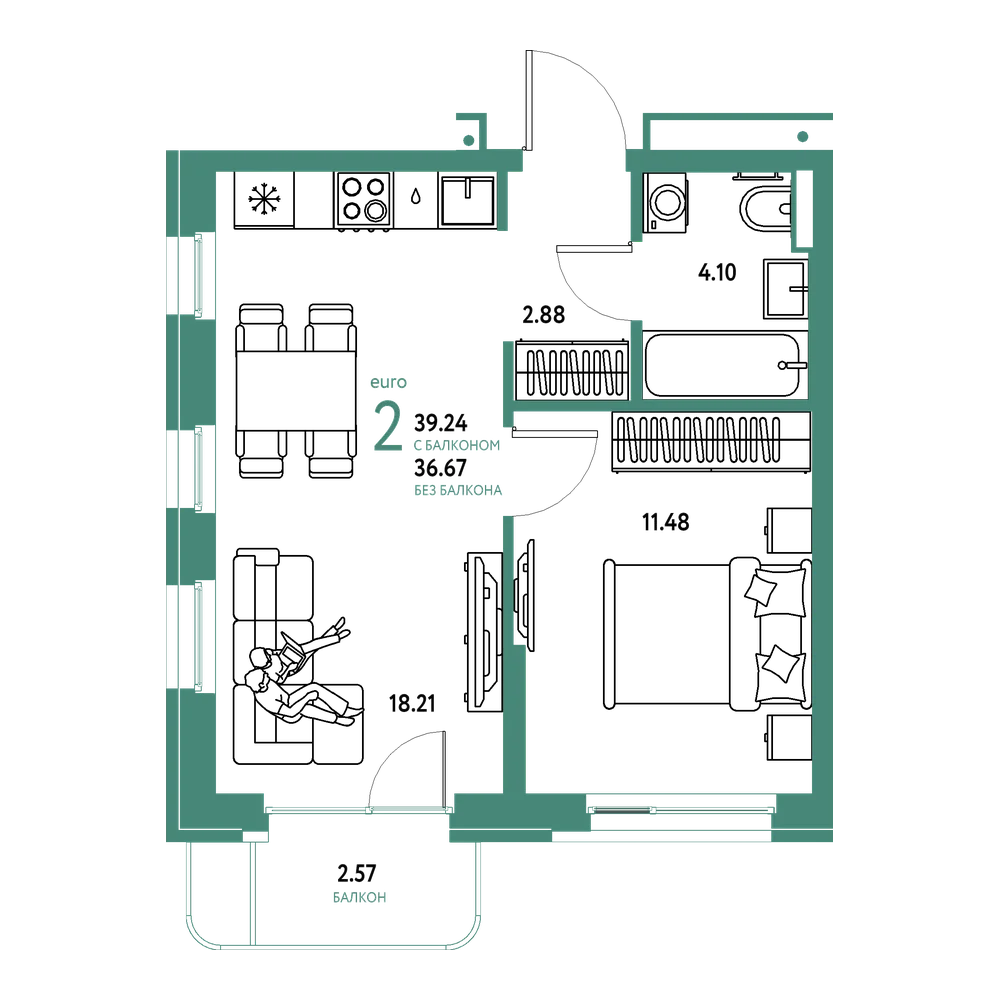 Планировка: Евродвушка 39,24 м²