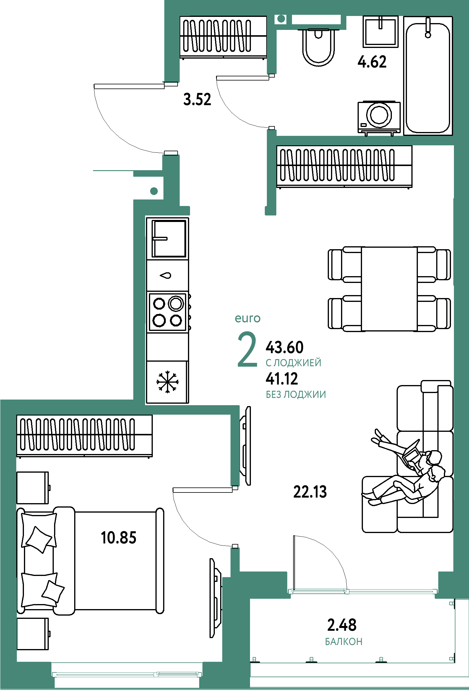 Планировка: Евродвушка 43,6 м² в ЖК «Страна.Прибрежная»