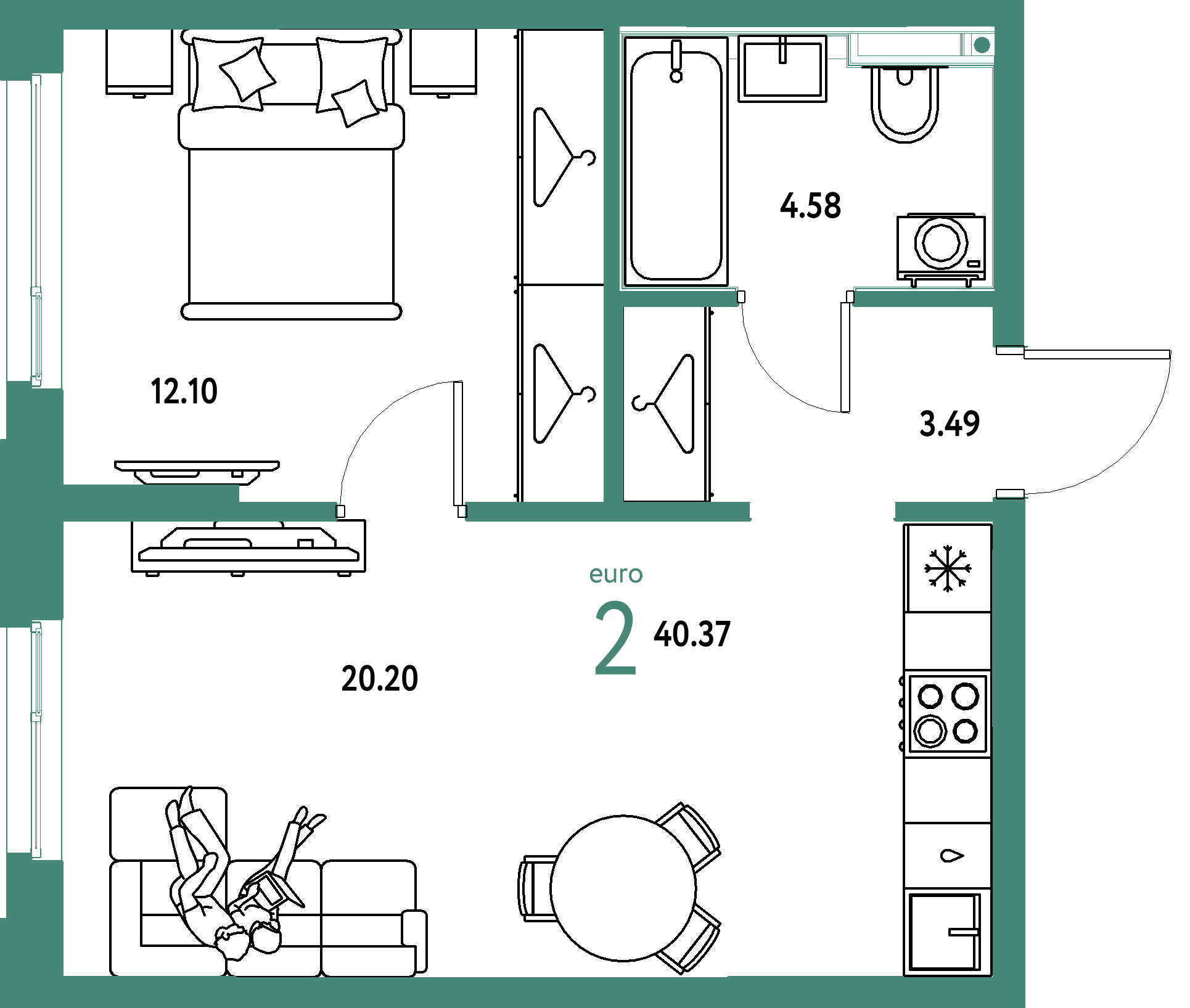 Планировка: Евродвушка 40,37 м² в ЖК «Страна.Прибрежная»