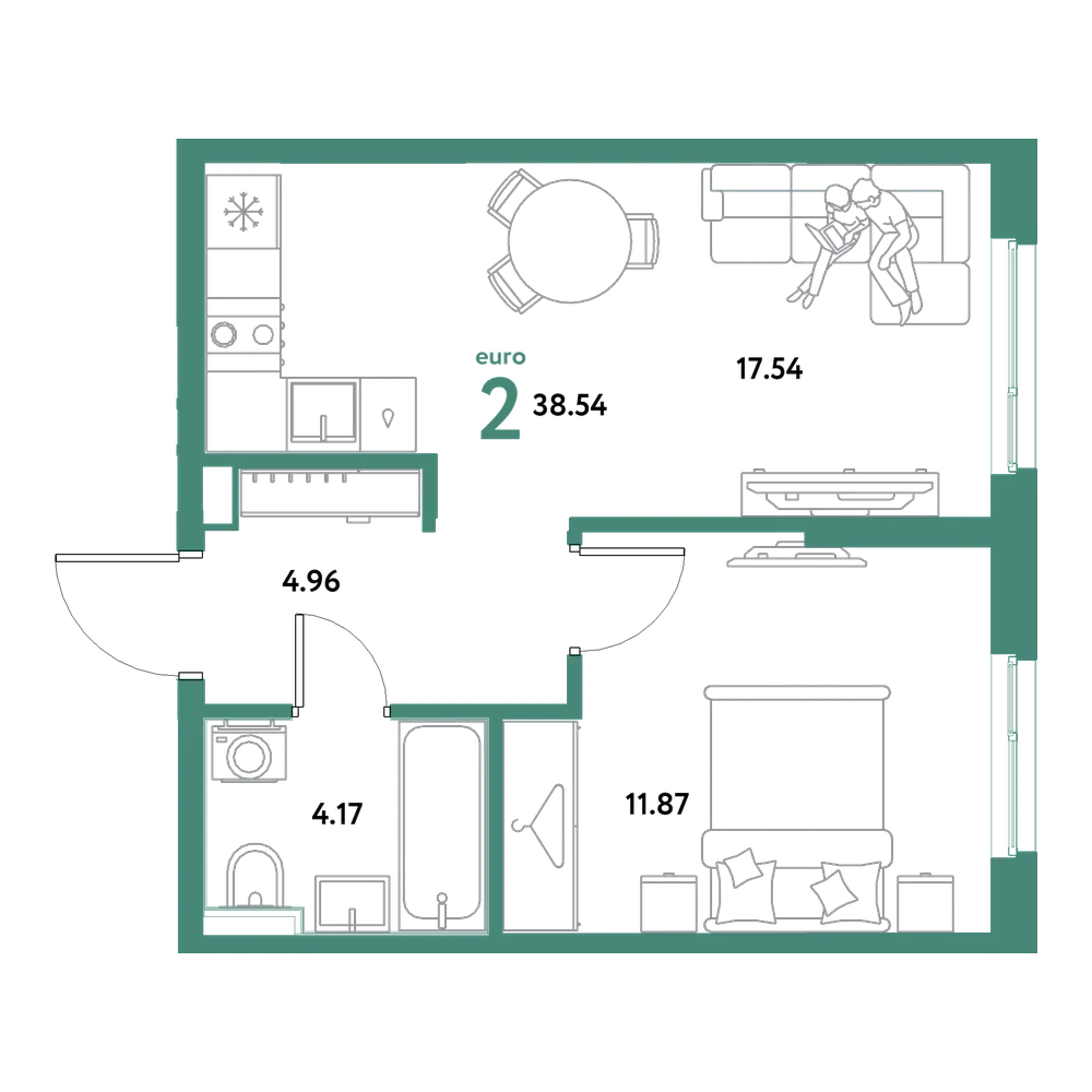 Планировка: Евродвушка 38,54 м²