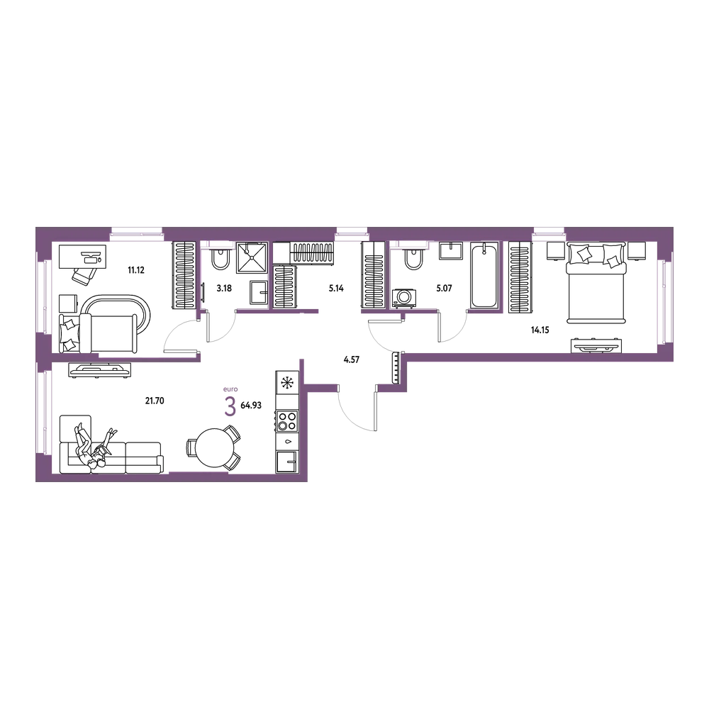 Планировка: Евротрёшка 64,93 м²
