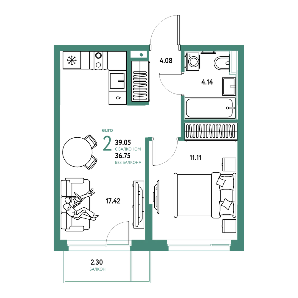 Планировка: Евродвушка 39,05 м²