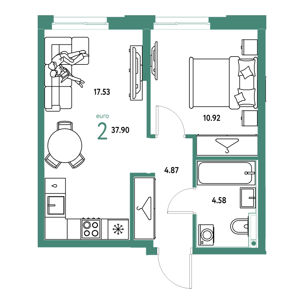 Планировка: Евродвушка 37,9 м²