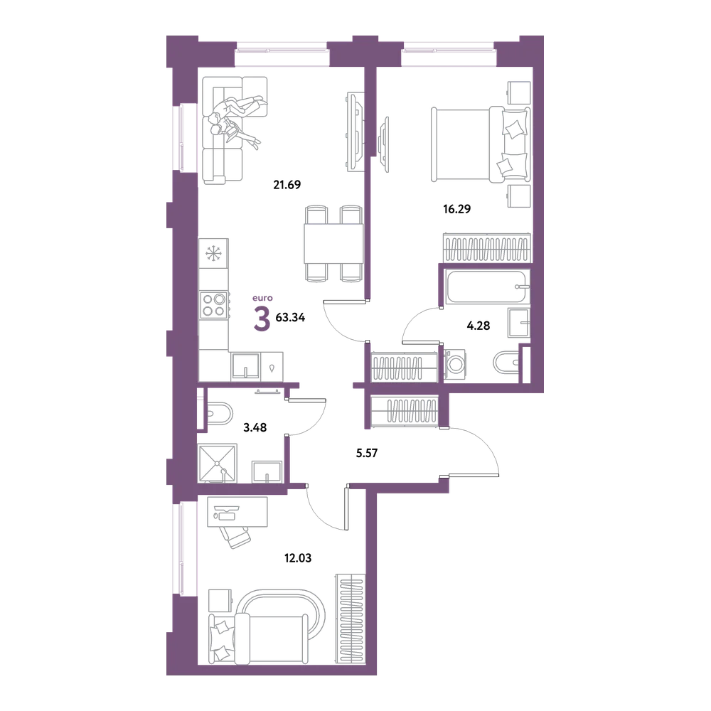 Планировка: Евротрёшка 63,34 м²
