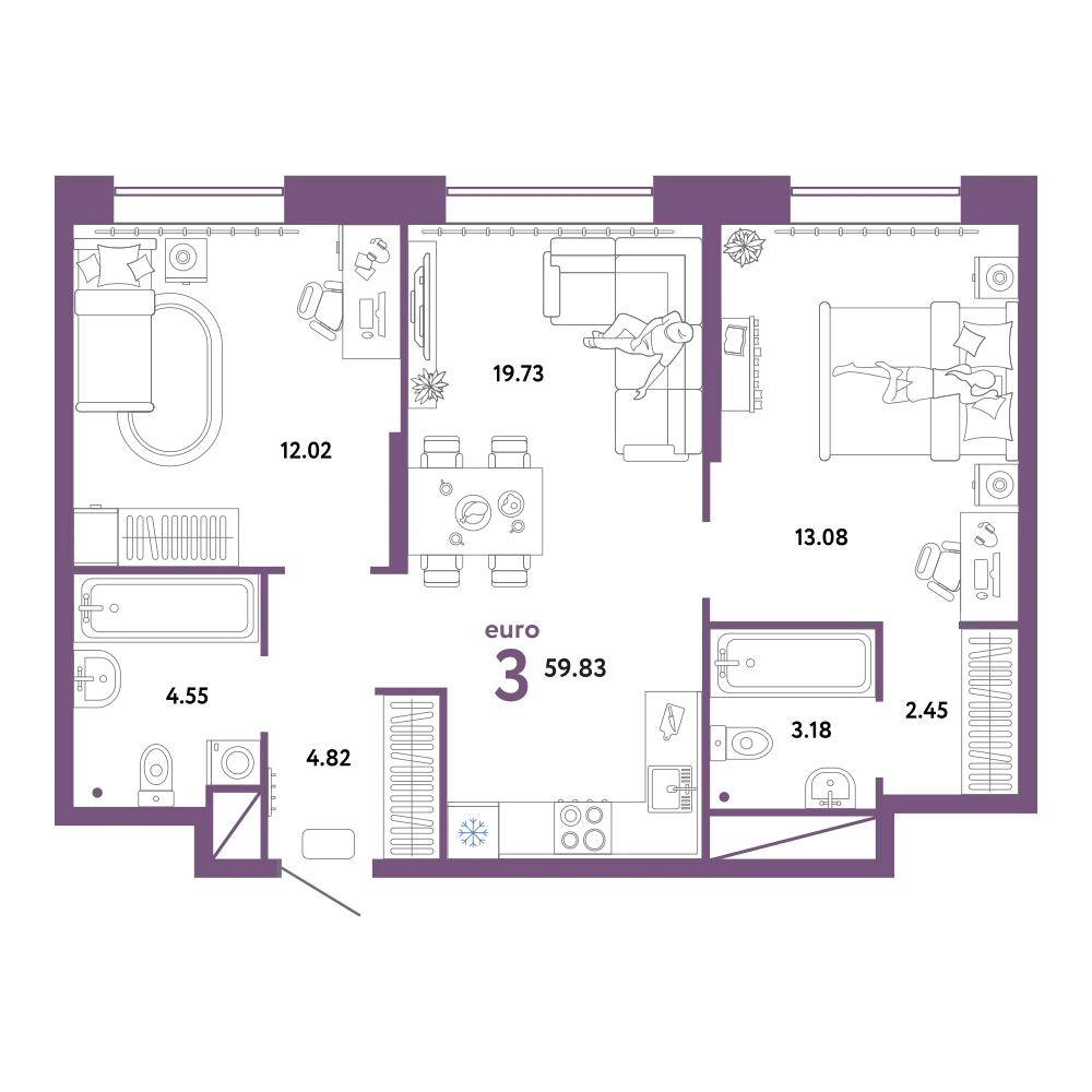 Планировка: Евротрёшка 59,83 м²