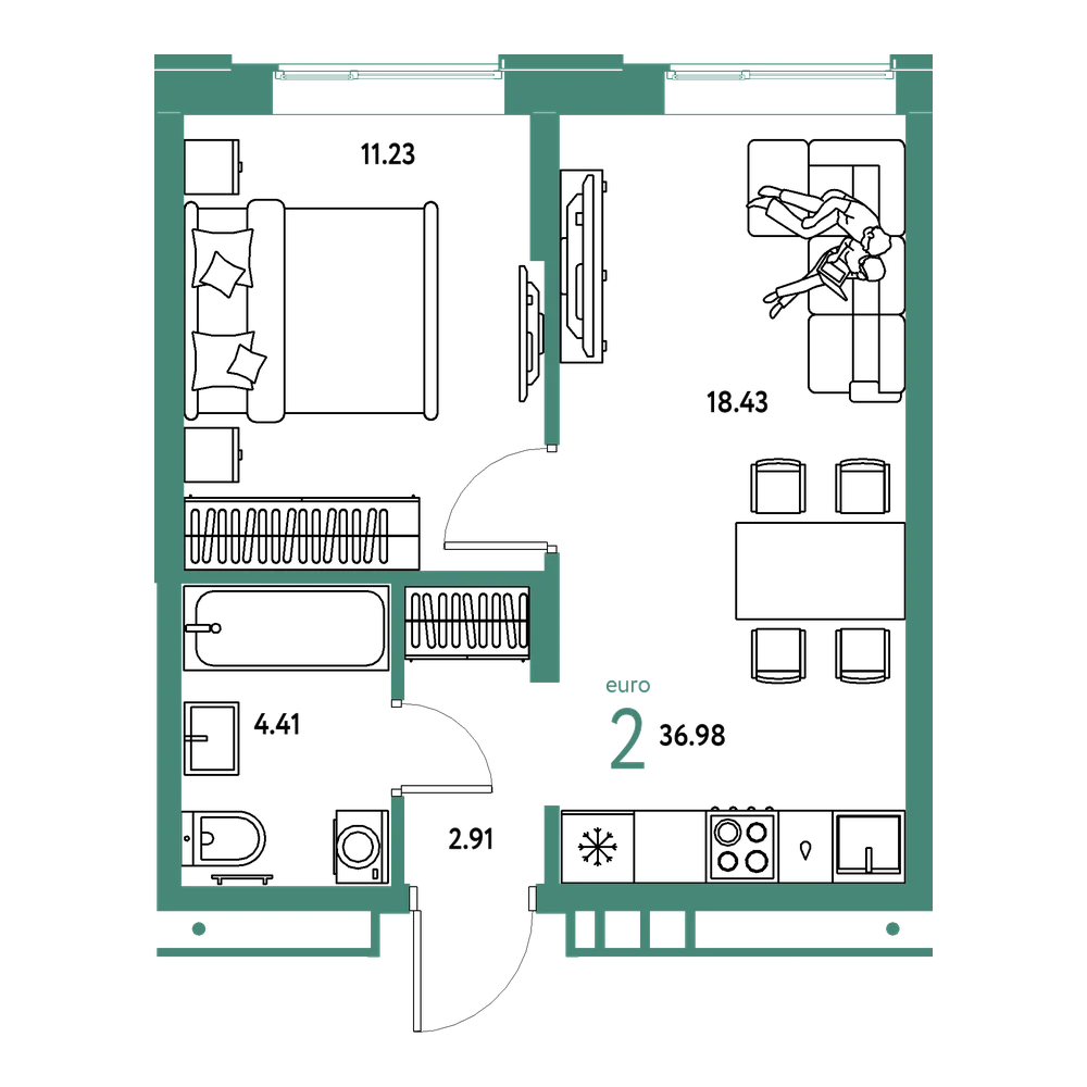 Планировка: Евродвушка 36,98 м²