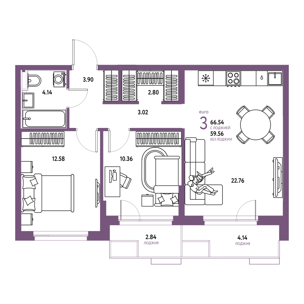 Планировка: Евротрёшка 66,54 м²