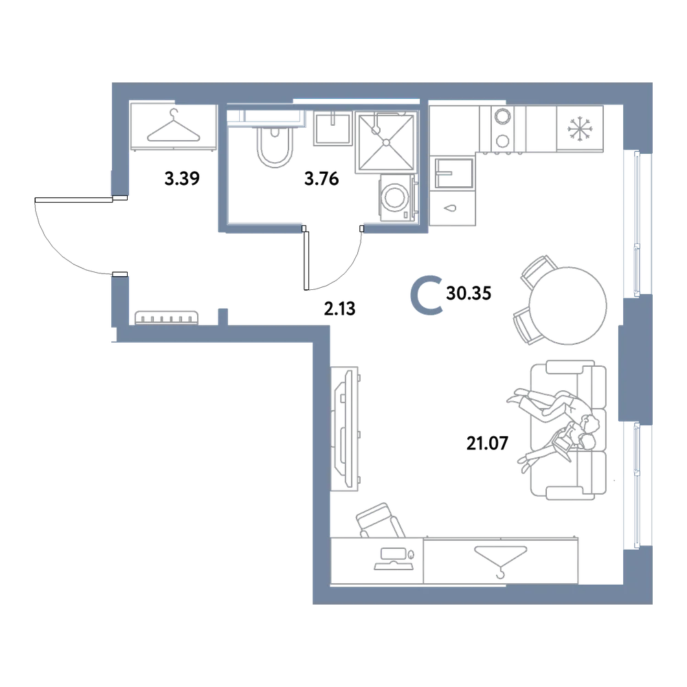 Планировка: Студия 30,35 м²