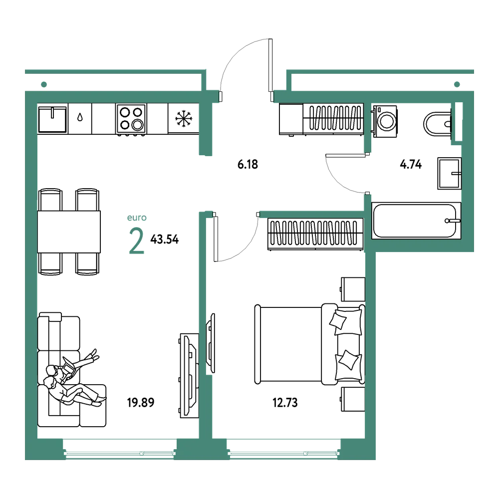 Планировка: Евродвушка 43,54 м²