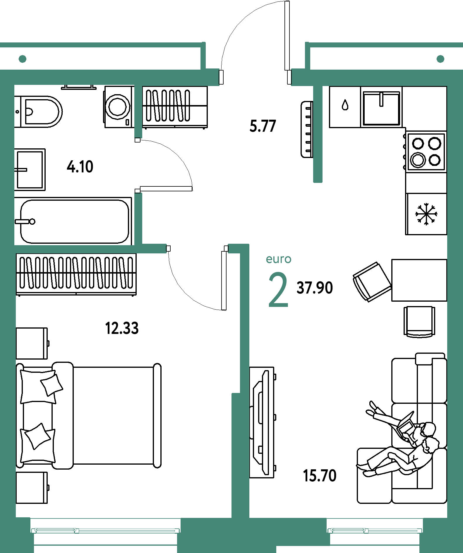 Планировка: Евродвушка 37,9 м² в ЖК «Домашний»