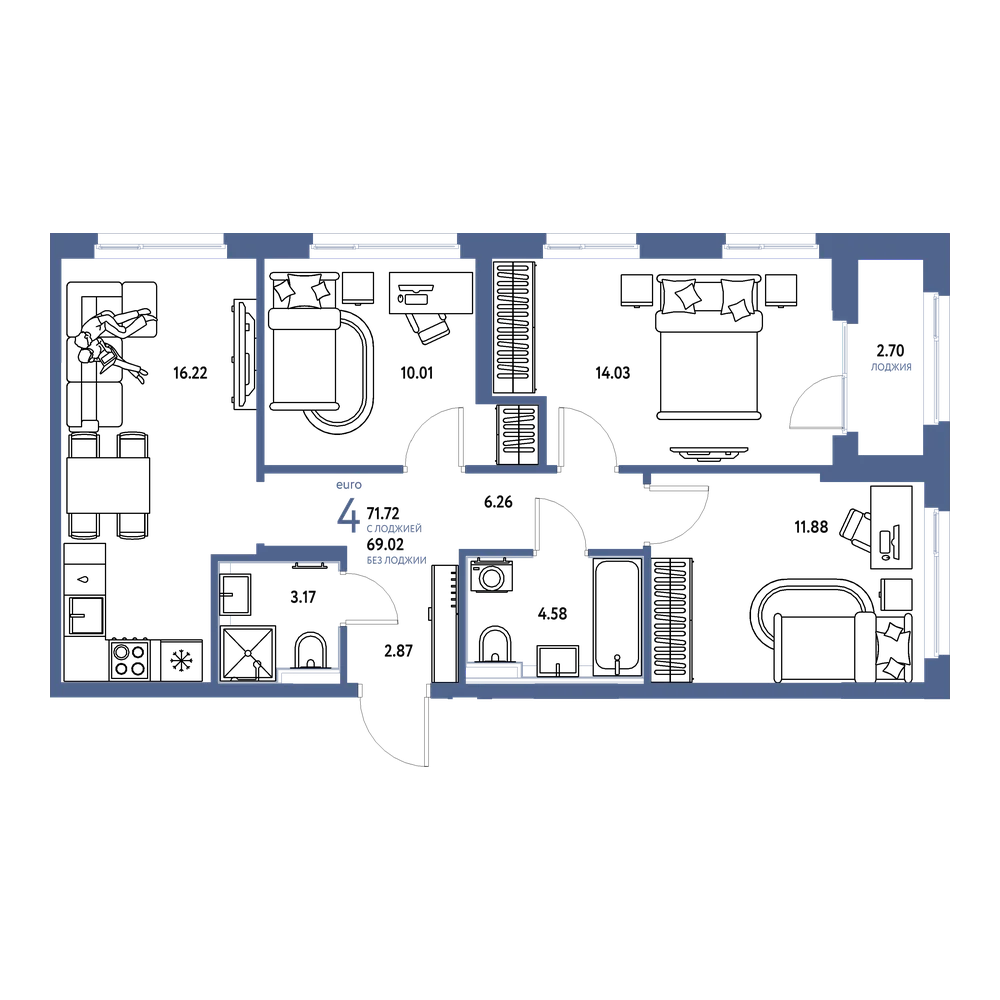 Планировка: Евро-4 71,72 м²