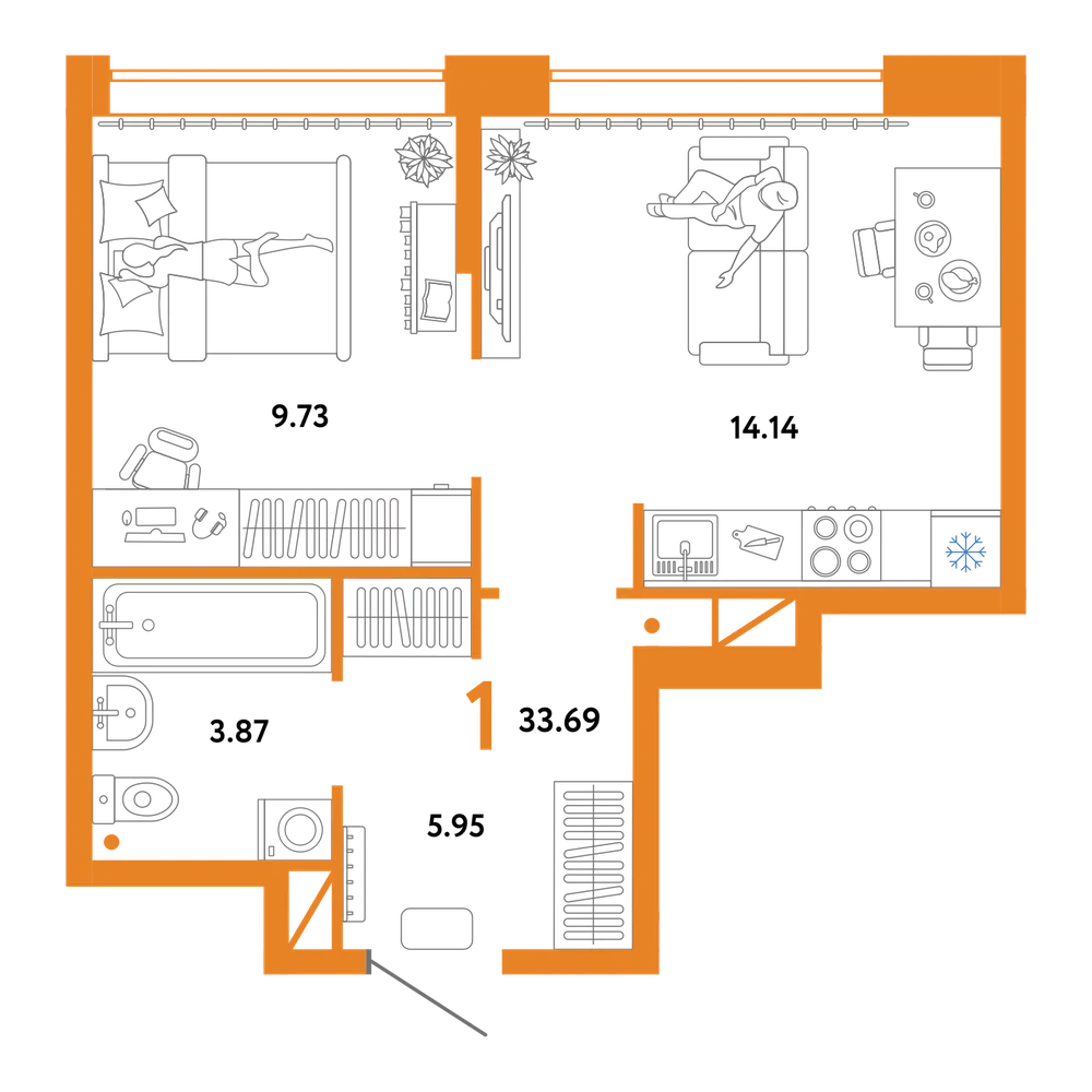 Планировка: 1-комнатная 33,69 м²