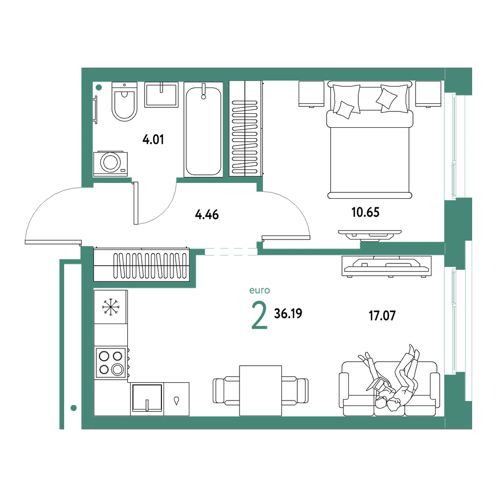 Планировка: Евродвушка 36,19 м²
