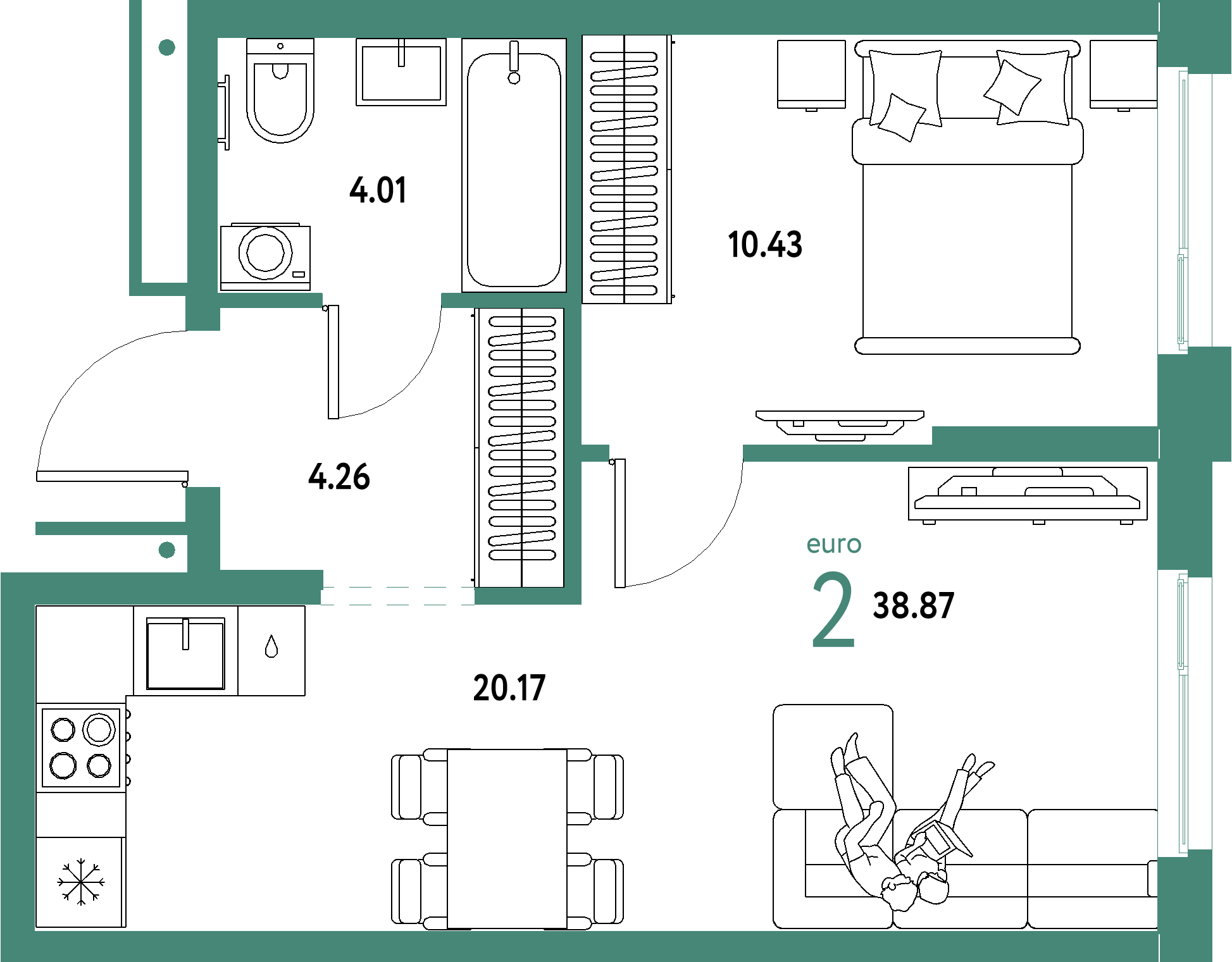 Планировка: Евродвушка 38,87 м² в ЖК «Домашний»