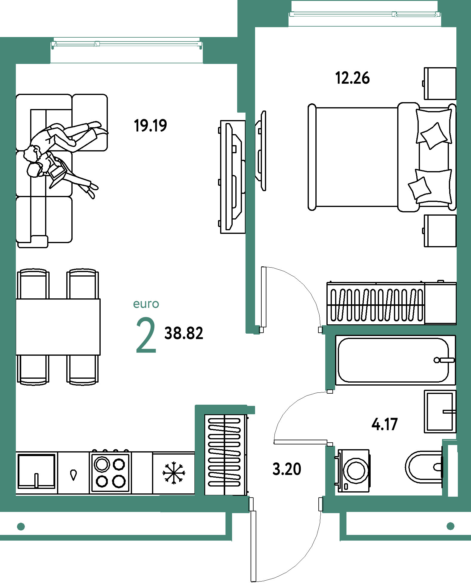 Планировка: Евродвушка 38,82 м² в ЖК «Страна.Прибрежная»
