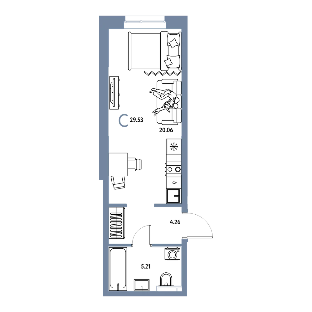 Планировка: Студия 29,53 м²