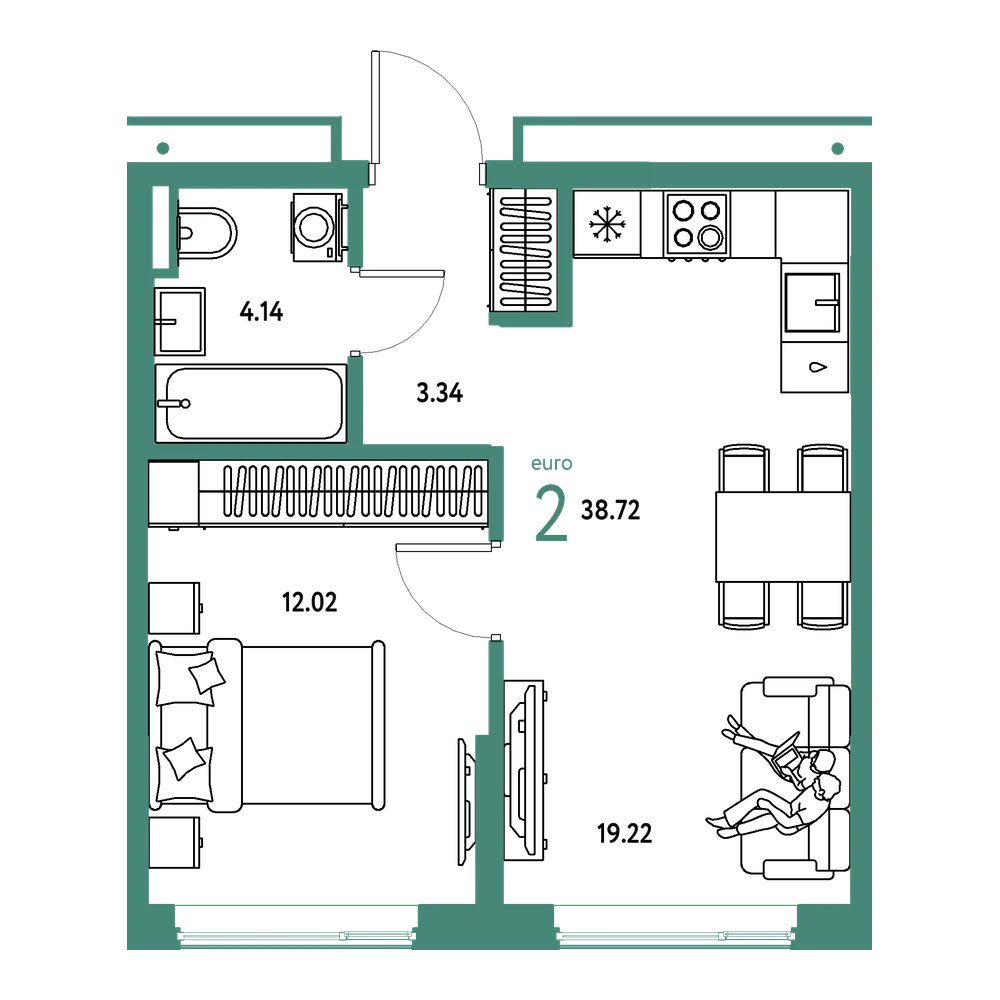 Планировка: Евродвушка 38,72 м²