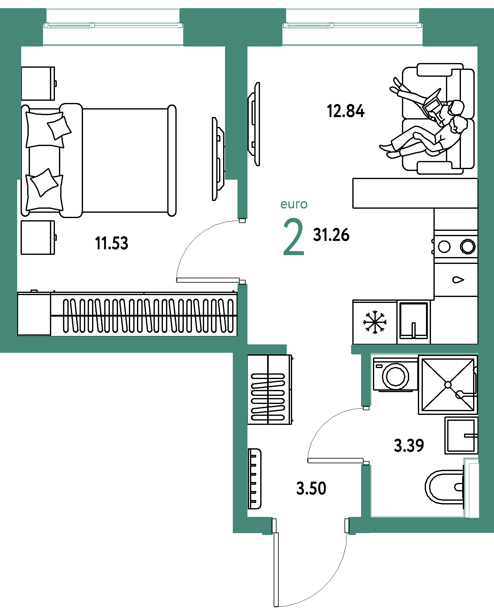 Планировка: Евродвушка 31,26 м² в ЖК «Остров-сад»