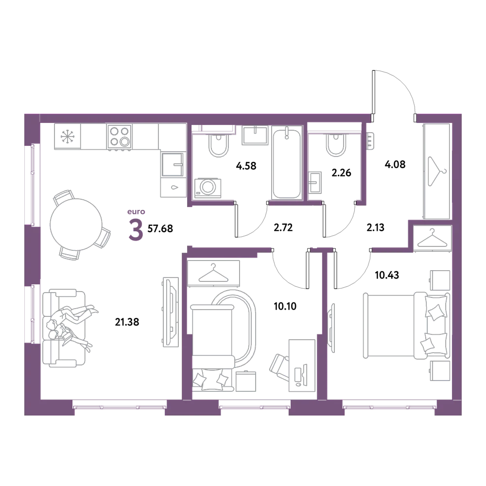 Планировка: Евротрёшка 57,68 м²