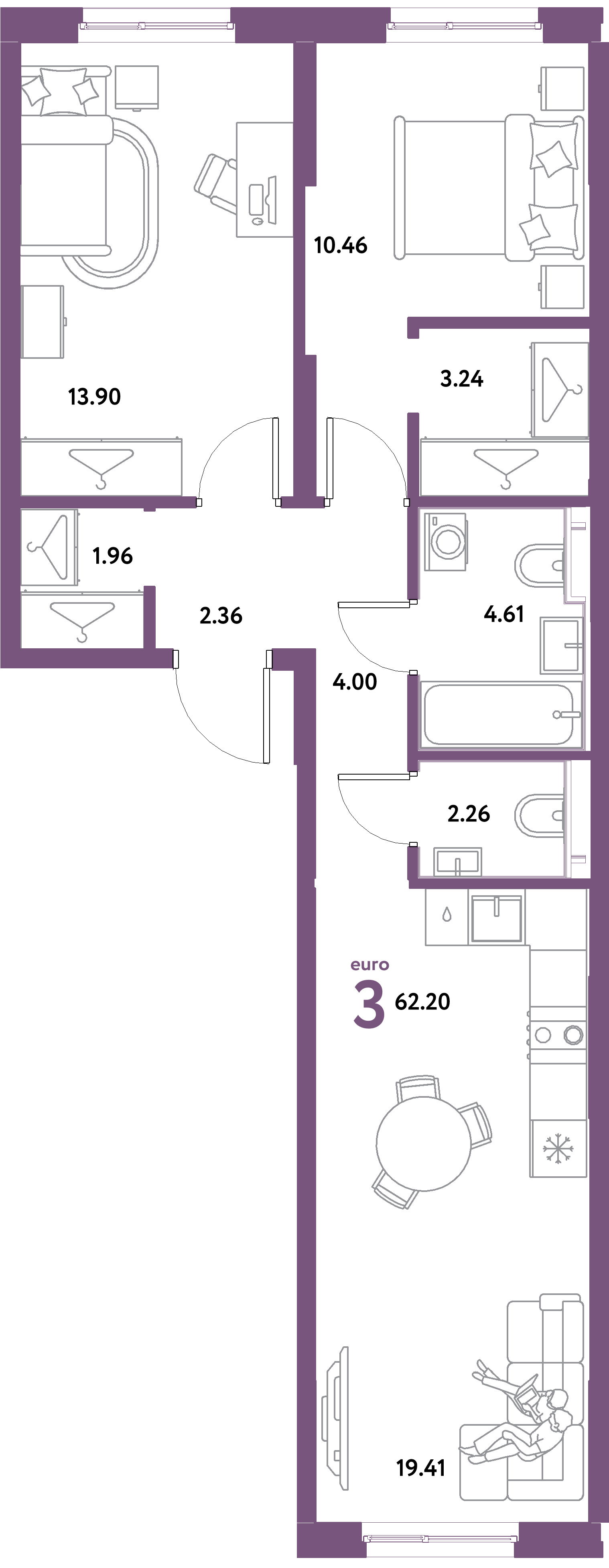 Планировка: Евротрёшка 62,2 м² в ЖК «Остров-сад»