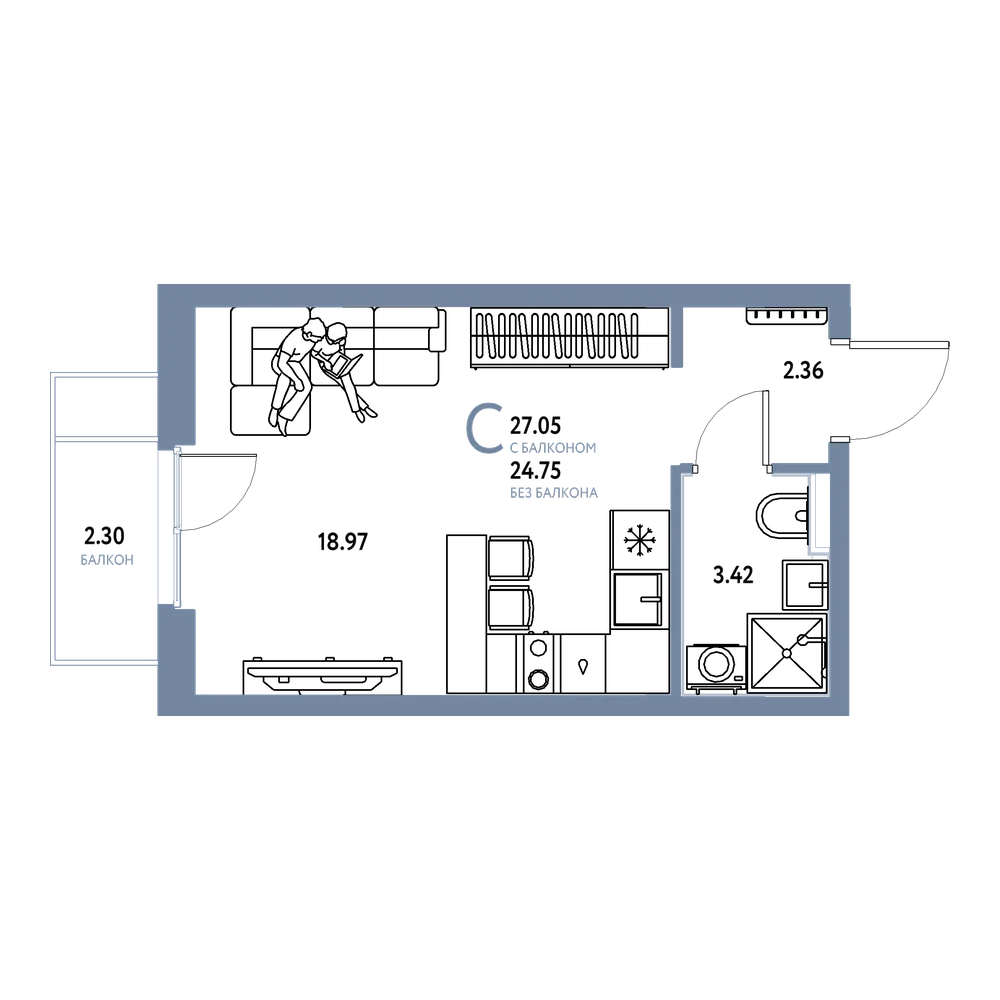 Планировка: Студия 27,05 м²