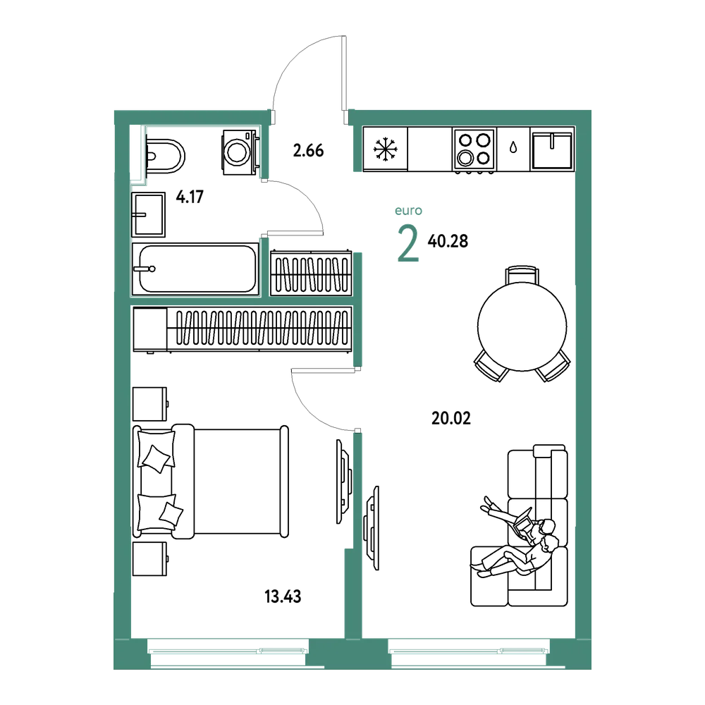 Планировка: Евродвушка 40,28 м²