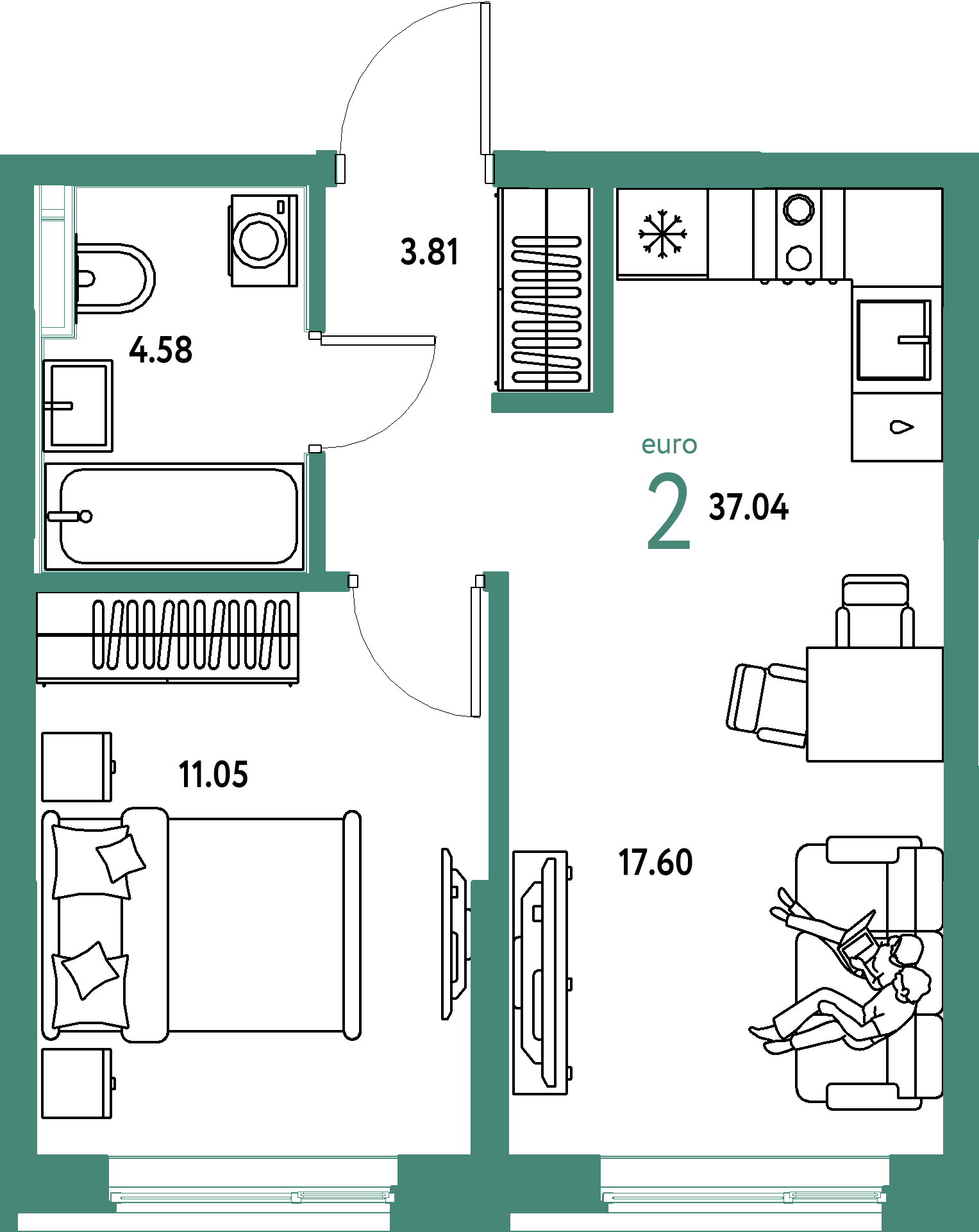 Планировка: Евродвушка 37,04 м² в ЖК «Остров-сад»